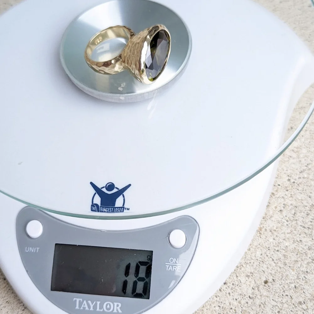 18 grams sterling silver 925 gold plated hammered green gemstone ring bezel set - Picture 6 of 6